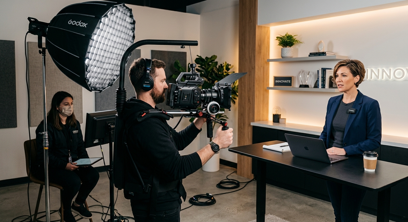 Production crew filming a skippable youtube ads for business spot in a San Francisco studio Production crew filming a skippable youtube ads for business spot in a San Francisco studio