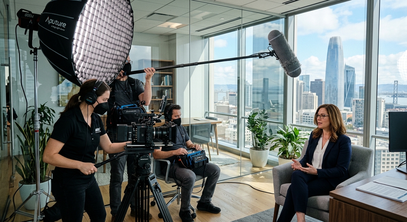 Video production crew filming a financial advisor interview for a financial services video marketing campaign in a San Francisco office