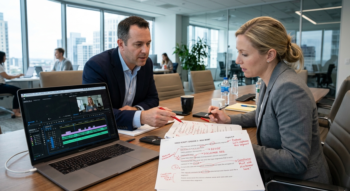 Compliance officer and producer reviewing a script during the financial services video marketing approval process Compliance officer and producer reviewing a script during the financial services video marketing approval process