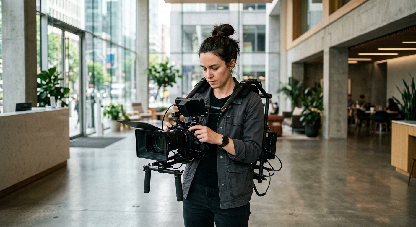 solo freelance videographer setting up a camera rig for a business video shoot