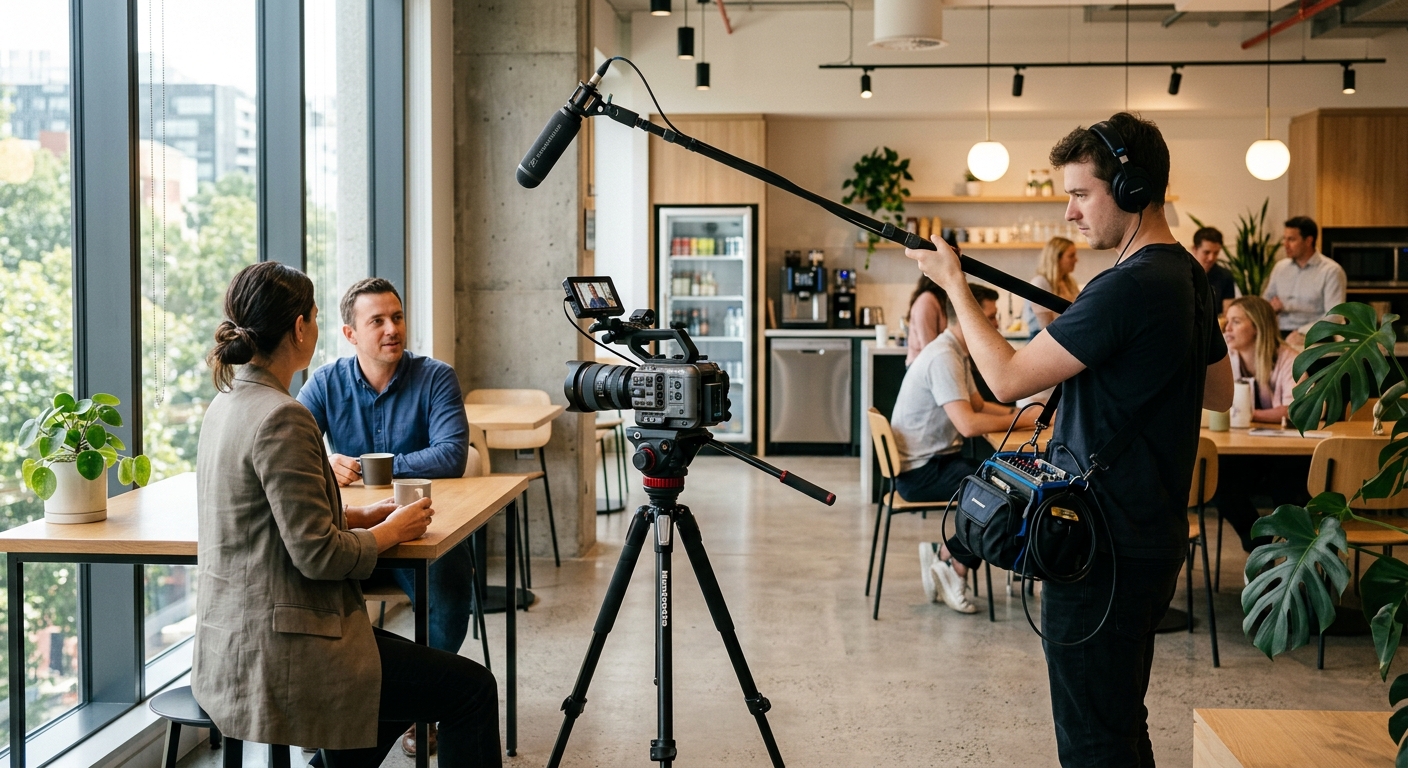 in-house video production team filming a corporate video in an office setting
