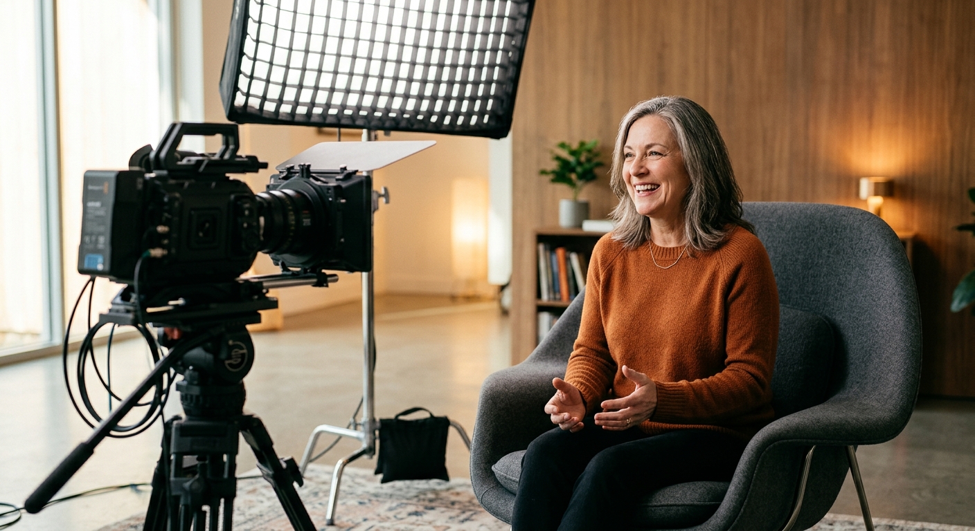 Client being filmed for a testimonial video as part of a law firm's video marketing strategy Client being filmed for a testimonial video as part of a law firm's video marketing strategy