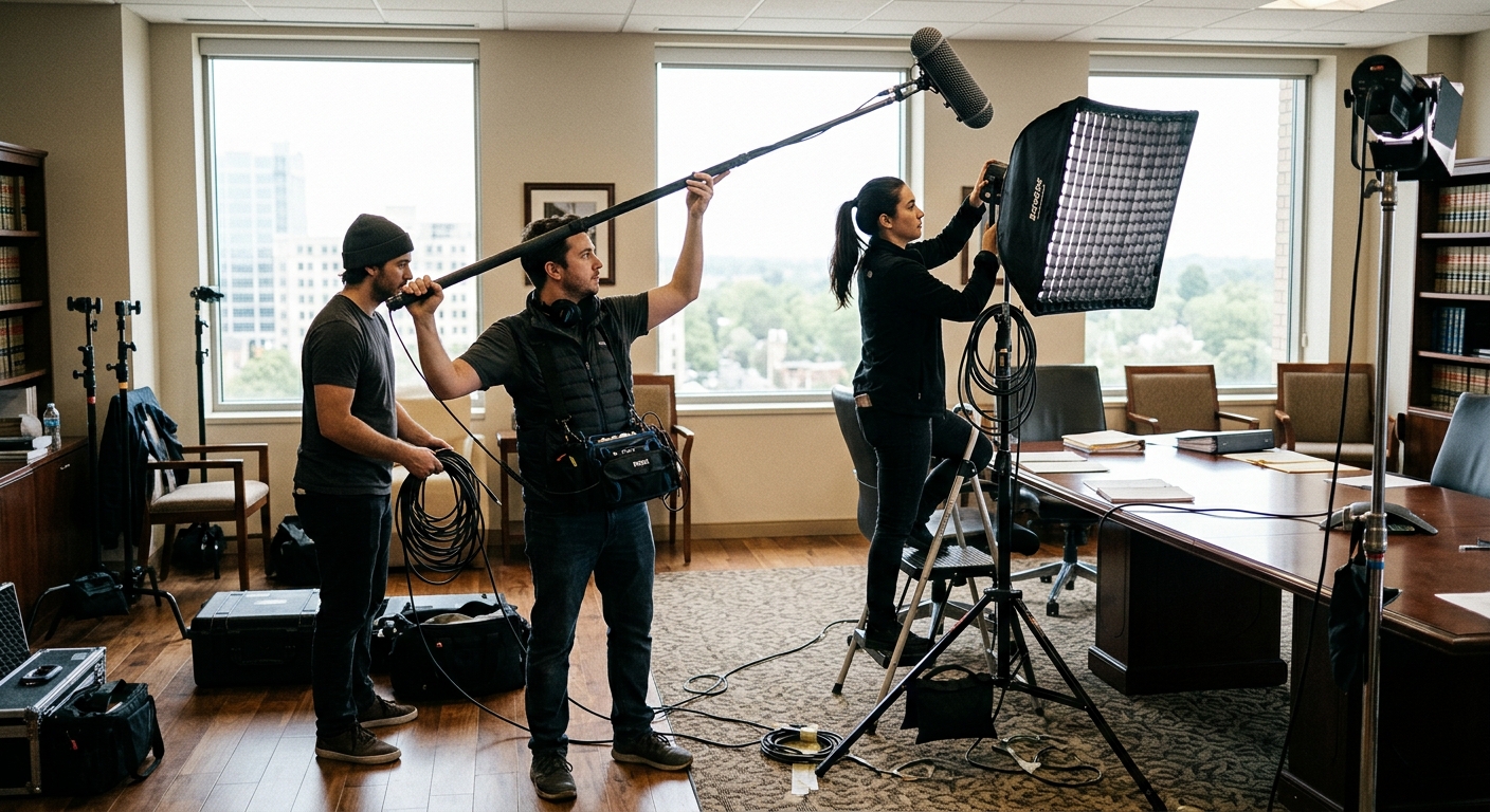 Production crew setting up lighting and audio for a law firm educational video shoot Production crew setting up lighting and audio for a law firm educational video shoot