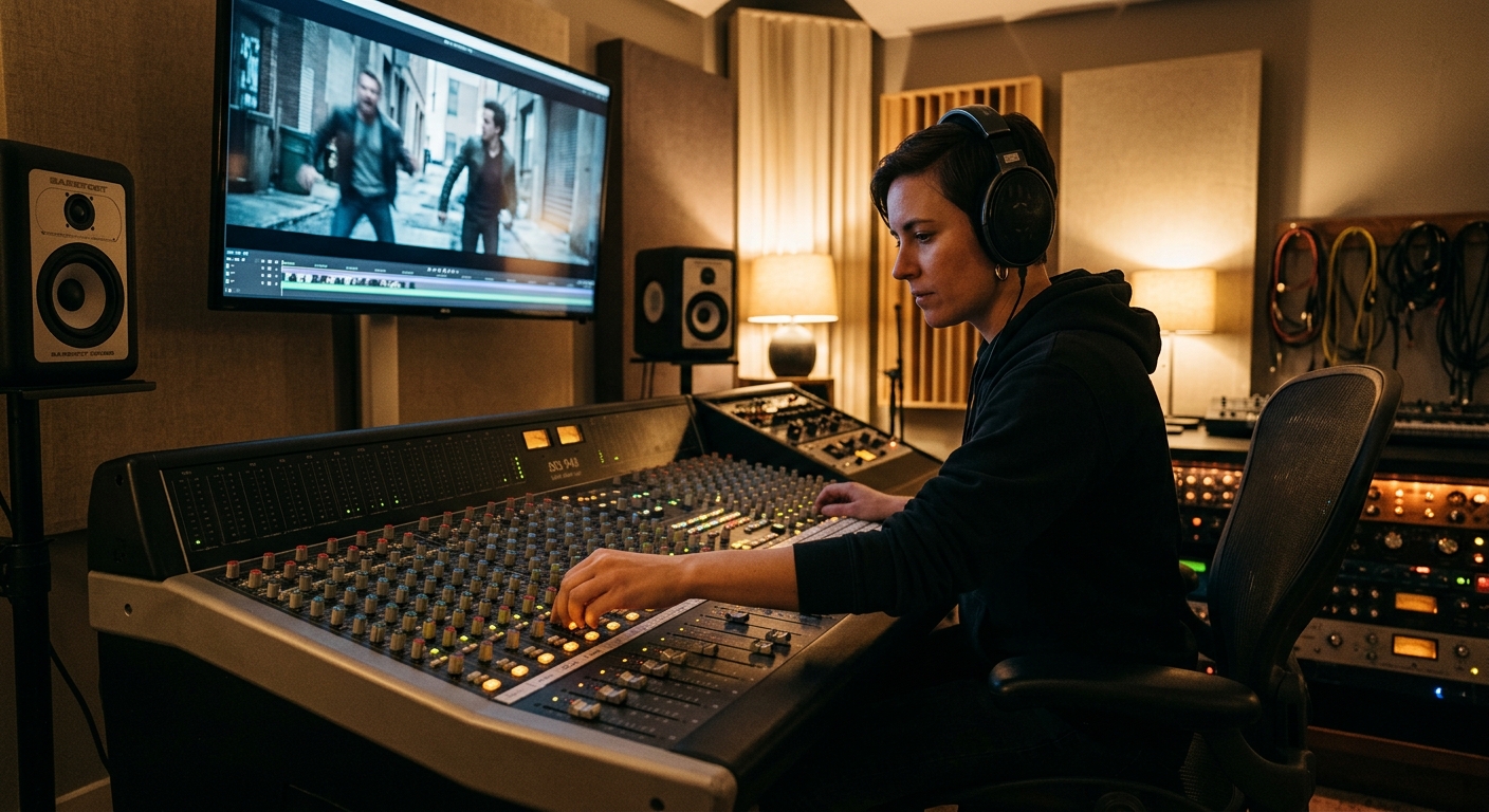 Audio engineer mixing royalty-free music under video dialogue during post-production Audio engineer mixing royalty-free music under video dialogue during post-production