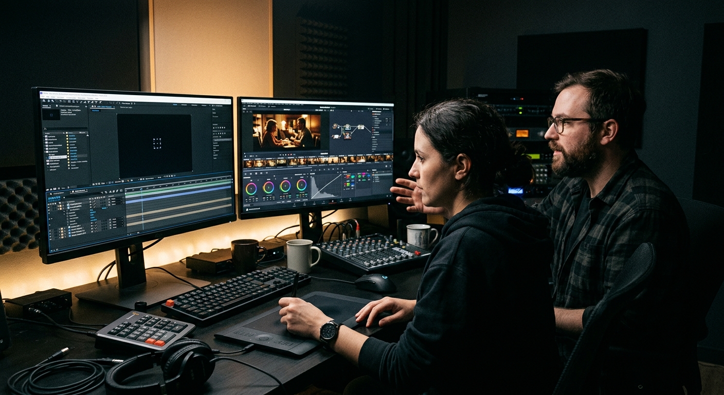 video editor and motion designer collaborating during post-production for a hybrid in-house and agency workflow video editor and motion designer collaborating during post-production for a hybrid in-house and agency workflow
