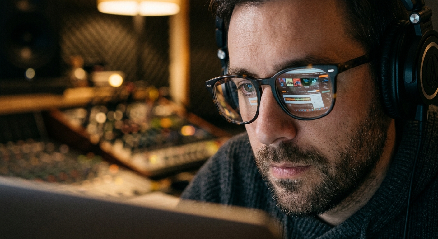 Producer reviewing music licensing terms before choosing royalty-free music for video Producer reviewing music licensing terms before choosing royalty-free music for video