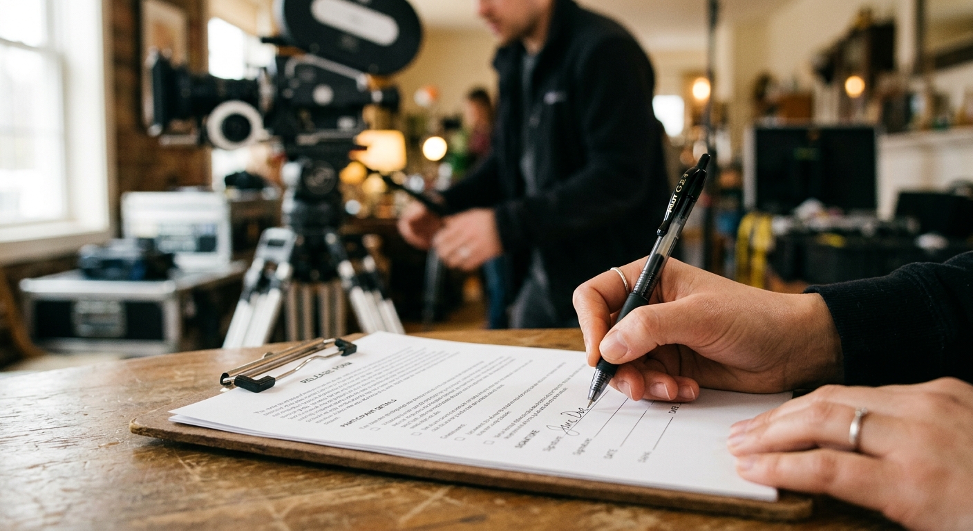 Close-up of a hand signing a talent release form before filming a corporate video interview Close-up of a hand signing a talent release form before filming a corporate video interview