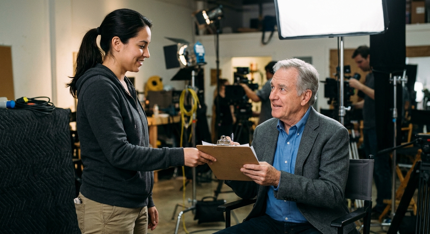 Production coordinator handing a talent release form to an interview subject before a video shoot