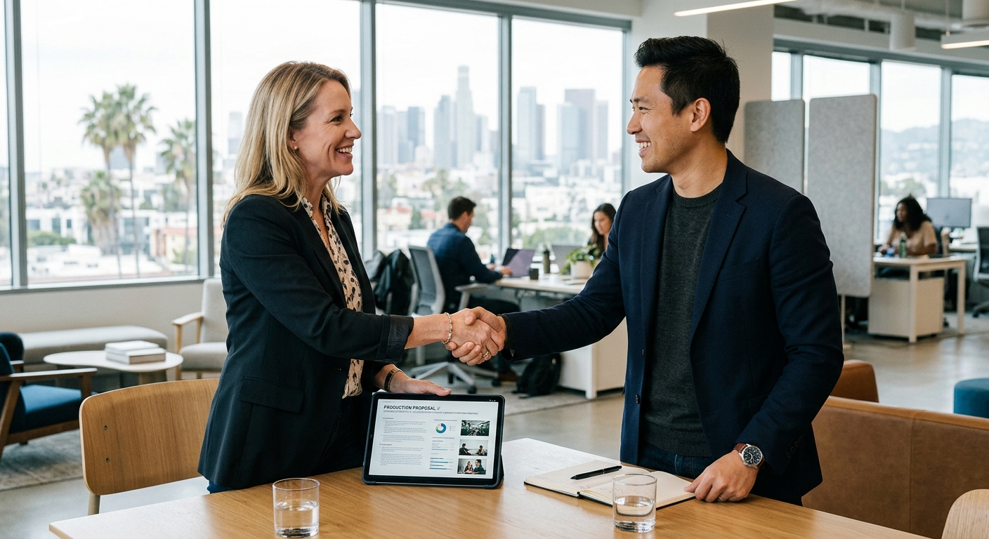 Business owner and producer agreeing on video production pricing terms in Los Angeles Business owner and producer agreeing on video production pricing terms in Los Angeles
