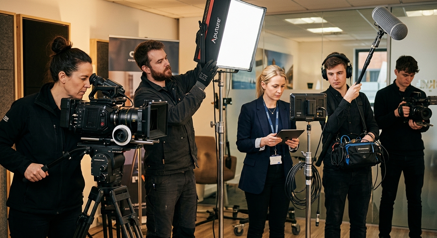 video production company crew working together on a corporate video set video production company crew working together on a corporate video set