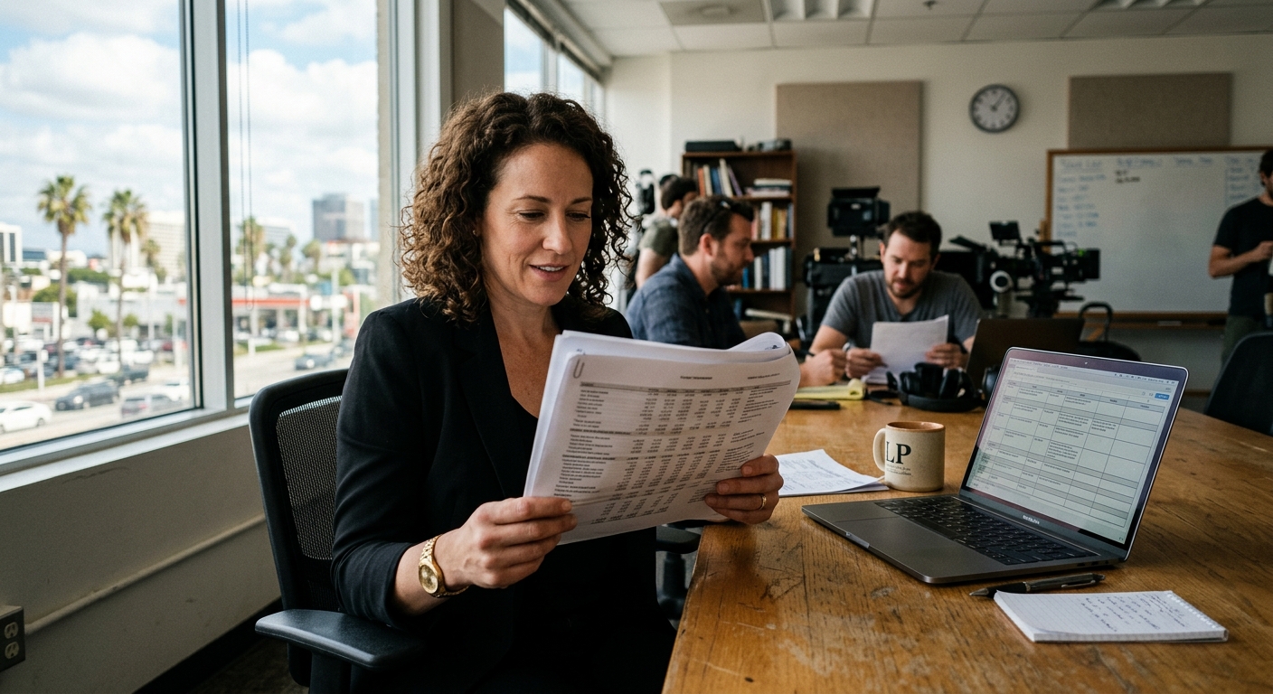 Producer reviewing video production pricing models and budget breakdown in a Los Angeles production office