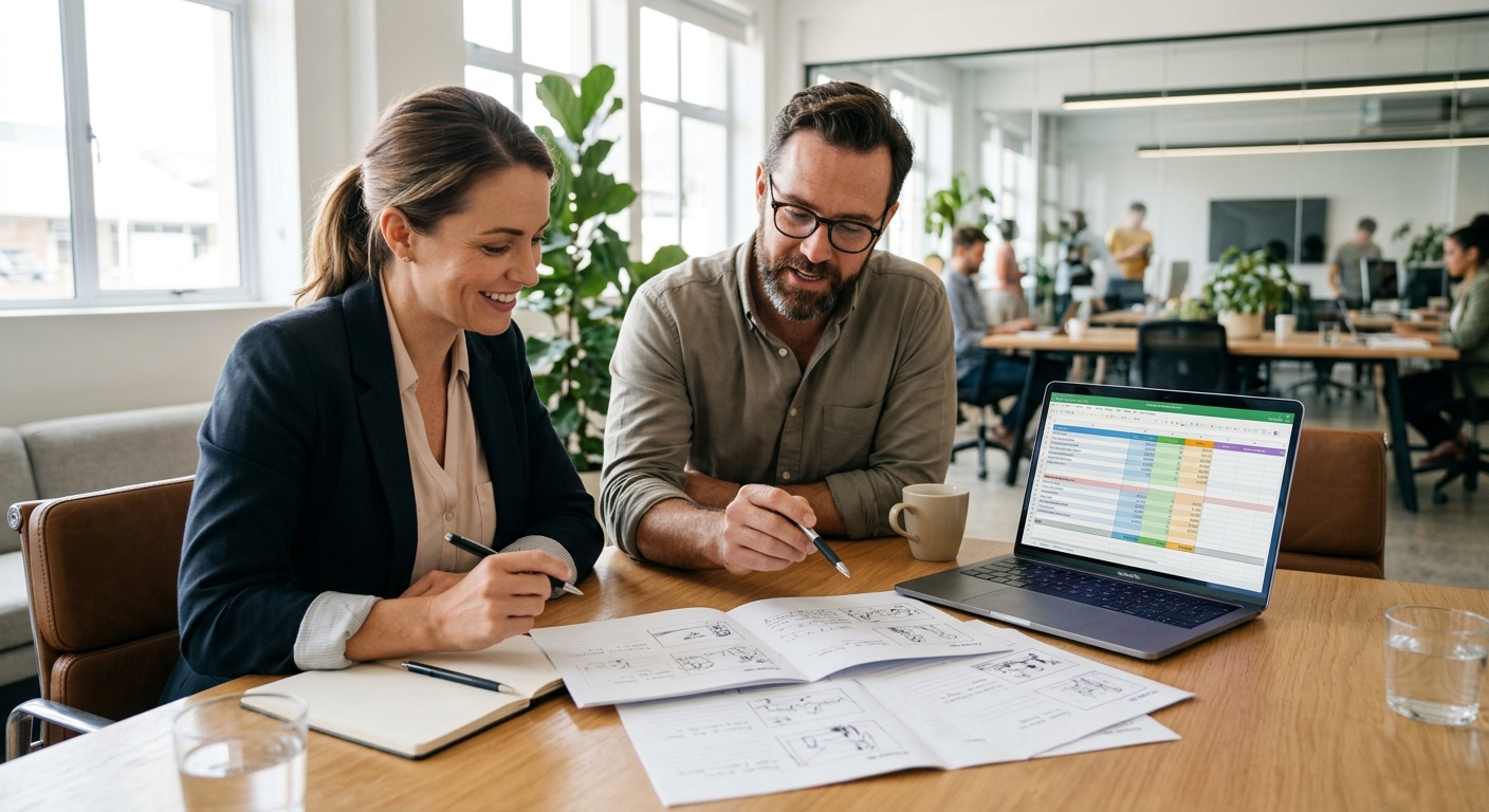 business owner reviewing a video production budget and brief with a producer business owner reviewing a video production budget and brief with a producer