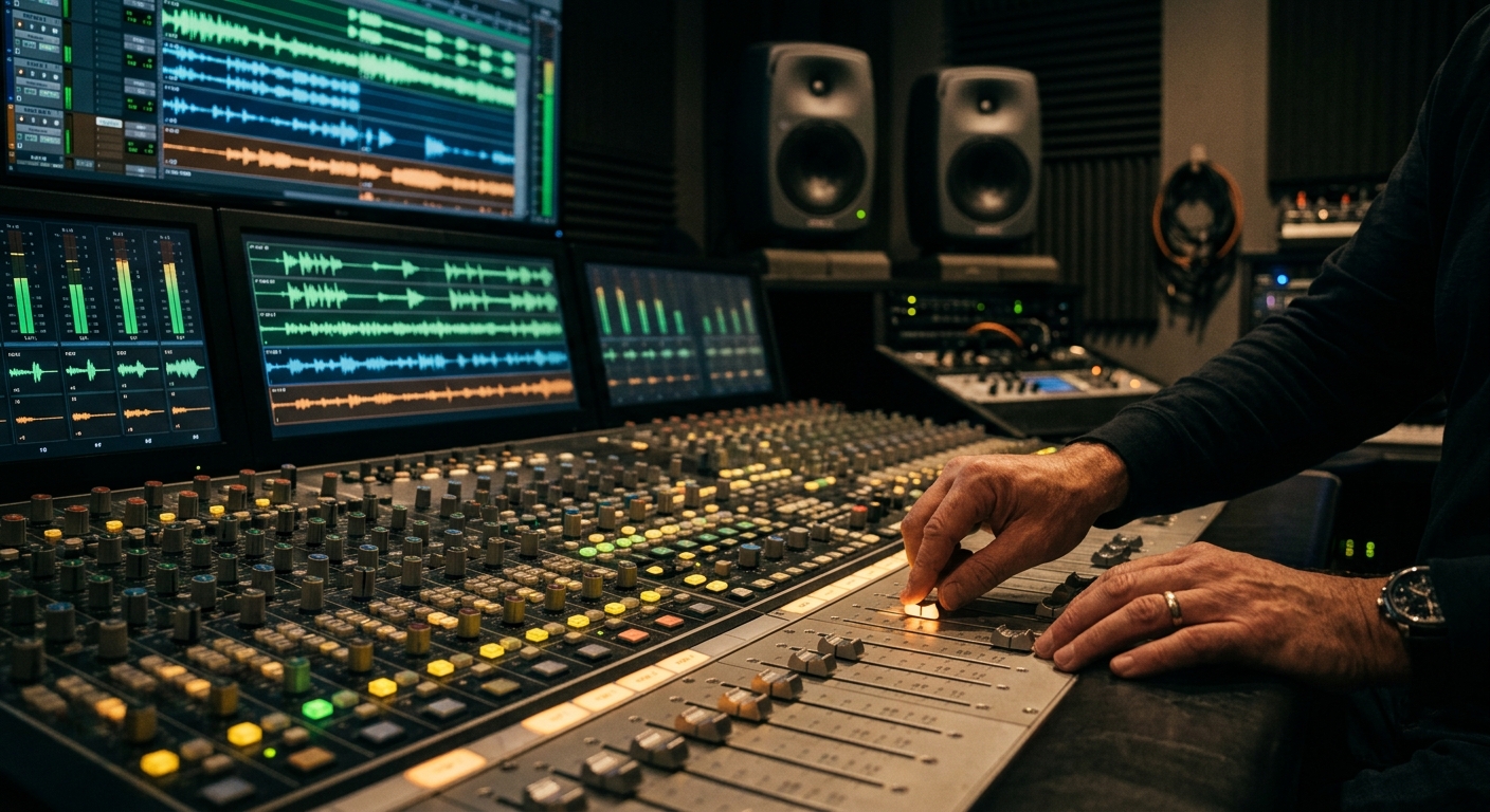 Audio engineer mixing voiceover audio against a video production soundtrack at a mixing console Audio engineer mixing voiceover audio against a video production soundtrack at a mixing console