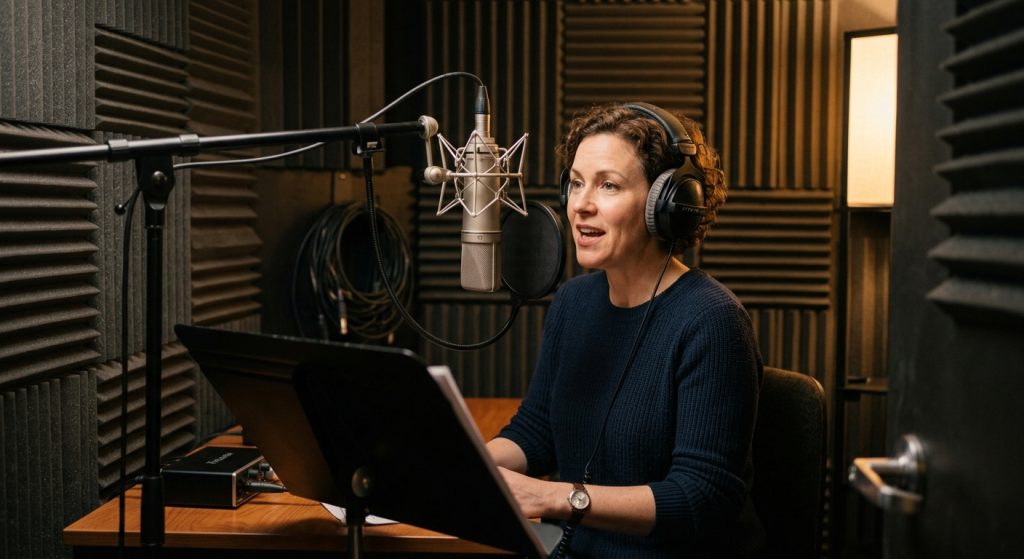 Voice actor recording in a professional studio booth, illustrating how to work with voiceover talent for video production