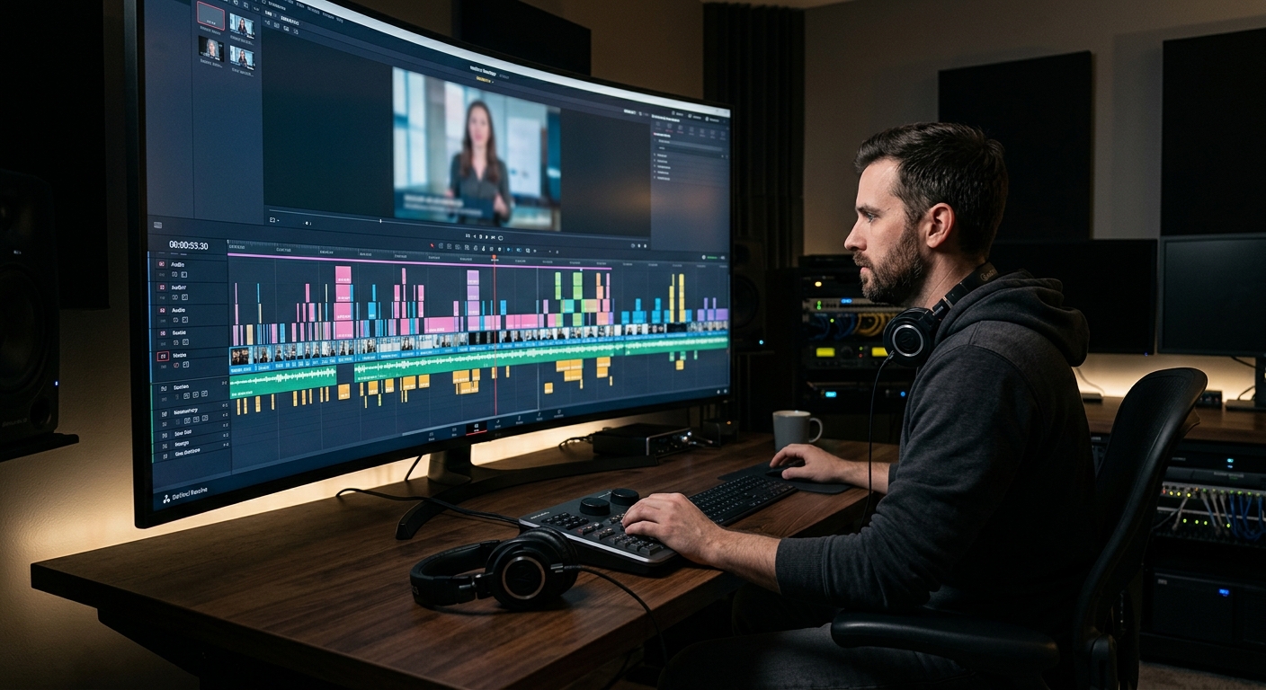 Editor cutting webinar recording into shareable clips during post-production Editor cutting webinar recording into shareable clips during post-production