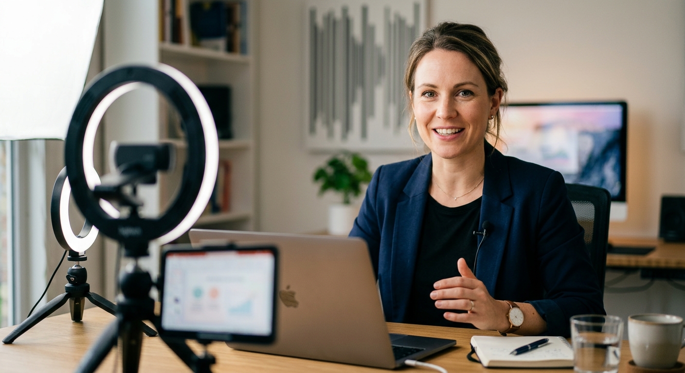 Presenter wired with a lavalier microphone during professional webinar production Presenter wired with a lavalier microphone during professional webinar production