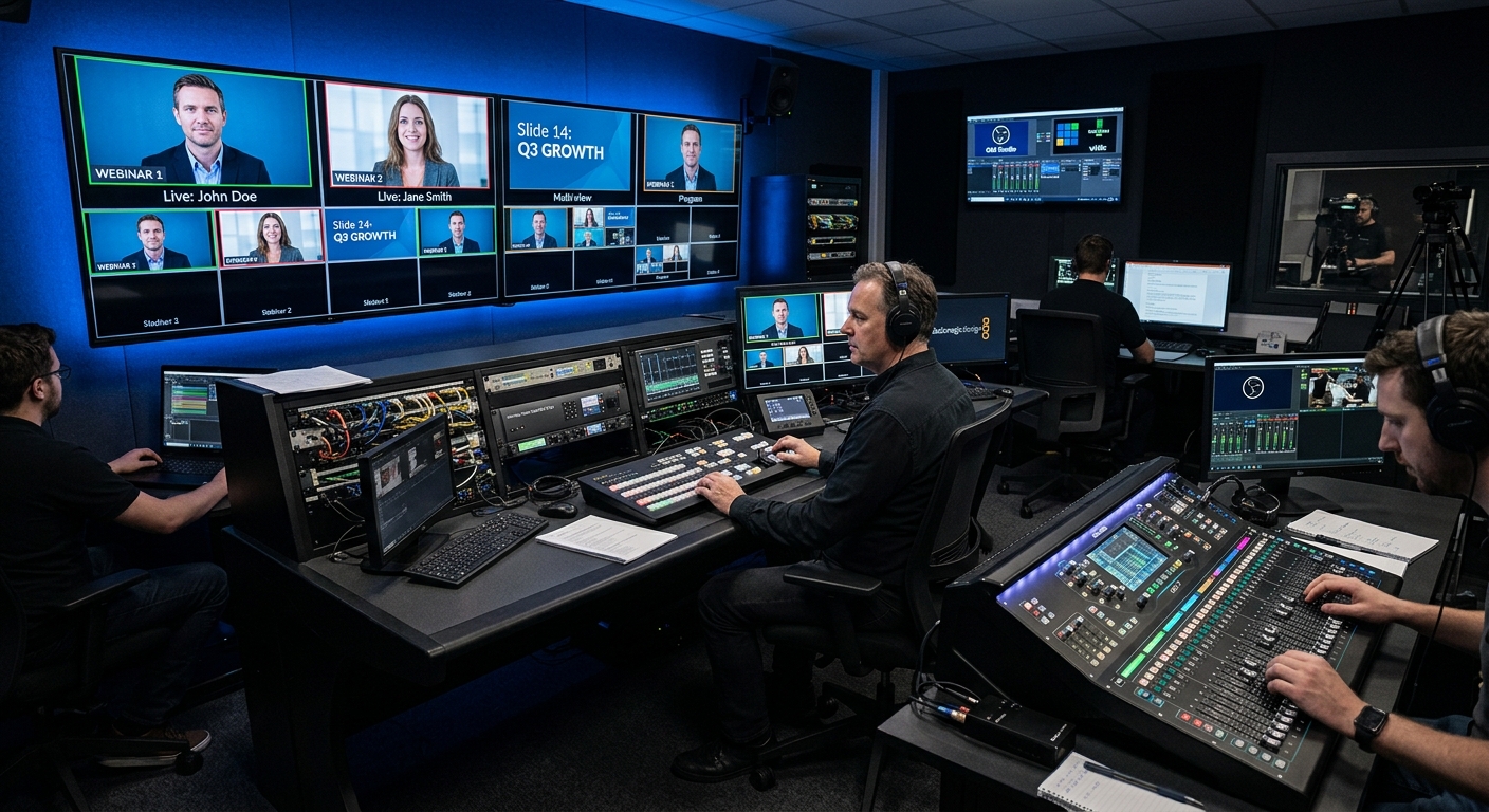 Webinar production control room with technical director switching between live camera feeds and graphics