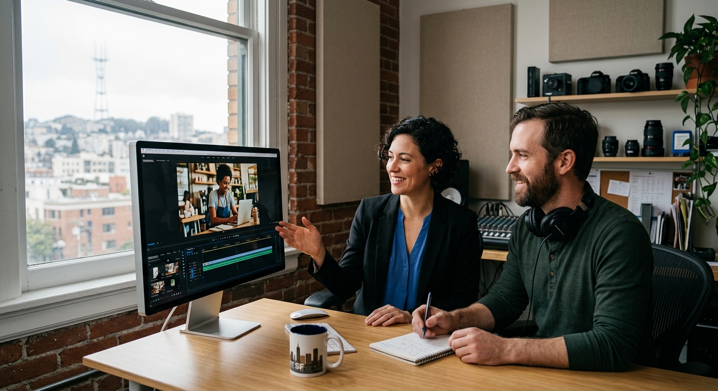 Business owner and producer reviewing youtube ads for business footage on a studio monitor in San Francisco
