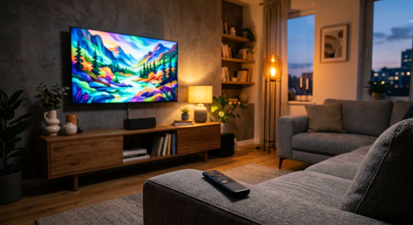 Living room television displaying a streaming video ad, representing CTV advertising on connected TV devices