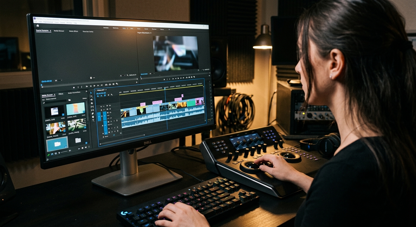 Video editor cutting a SaaS demo video timeline showing clips and audio waveforms Video editor cutting a SaaS demo video timeline showing clips and audio waveforms