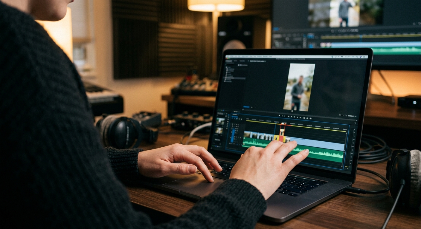 Video editor trimming a vertical short-form video clip to the right length and cadence for a short form video strategy Video editor trimming a vertical short-form video clip to the right length and cadence for a short form video strategy