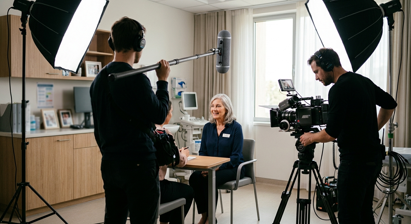 Video crew filming a HIPAA compliant healthcare video production interview in a hospital consultation room