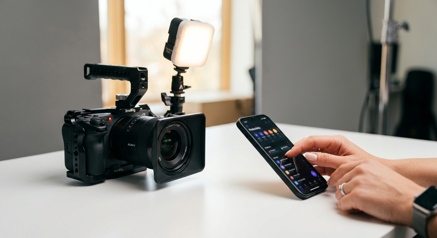 Camera filming a hand-held device for a live-action product demo video Camera filming a hand-held device for a live-action product demo video