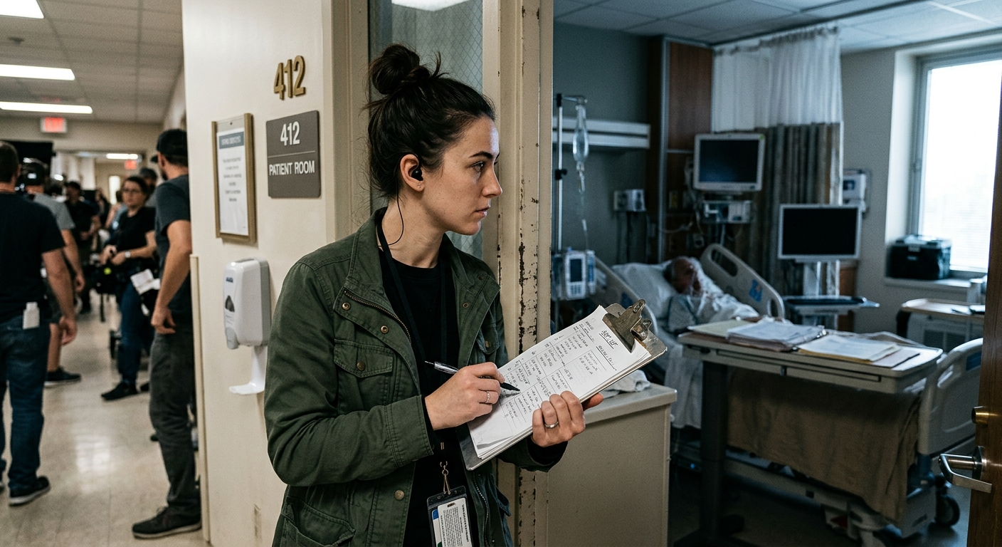 Production assistant checking a hospital room for exposed PHI before a healthcare video shoot Production assistant checking a hospital room for exposed PHI before a healthcare video shoot