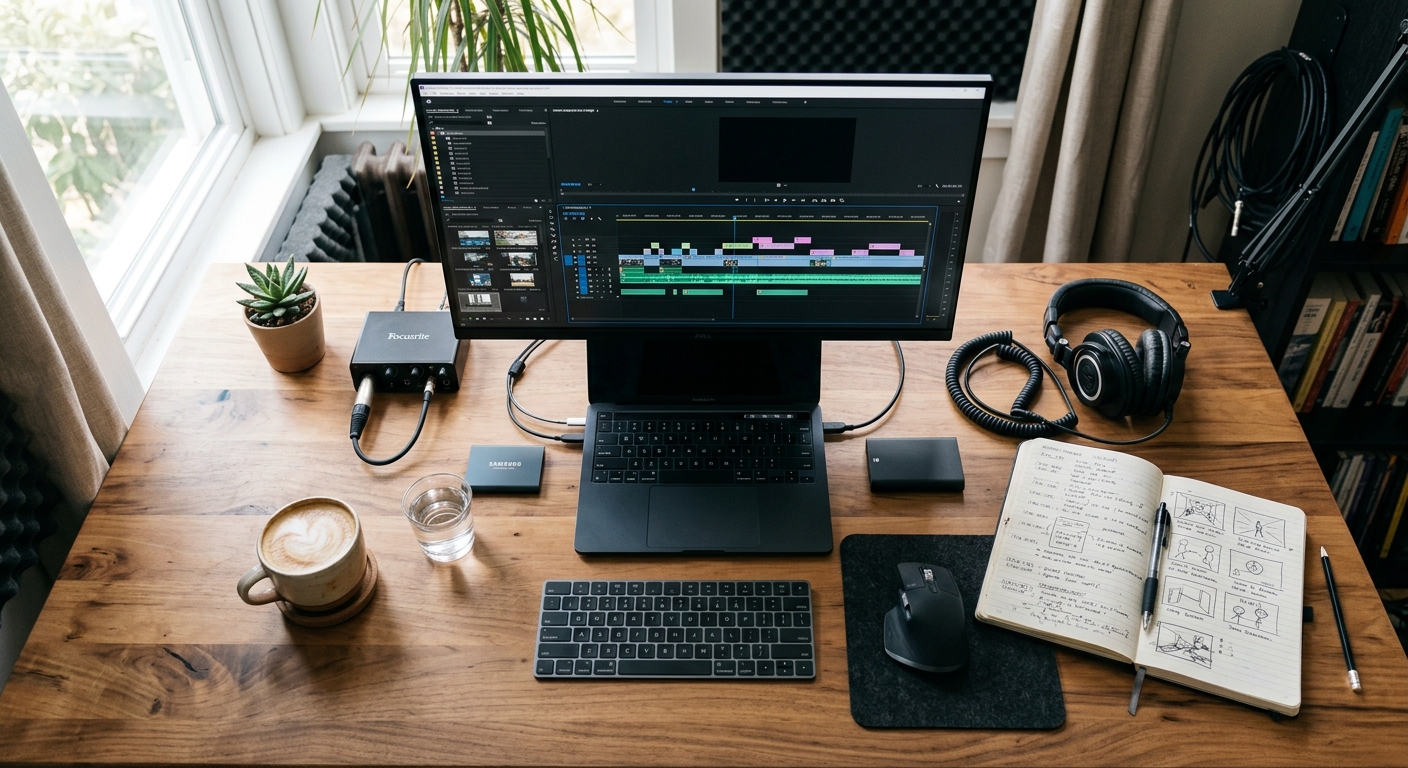 Producer editing a product demo video script and timeline at a desk Producer editing a product demo video script and timeline at a desk