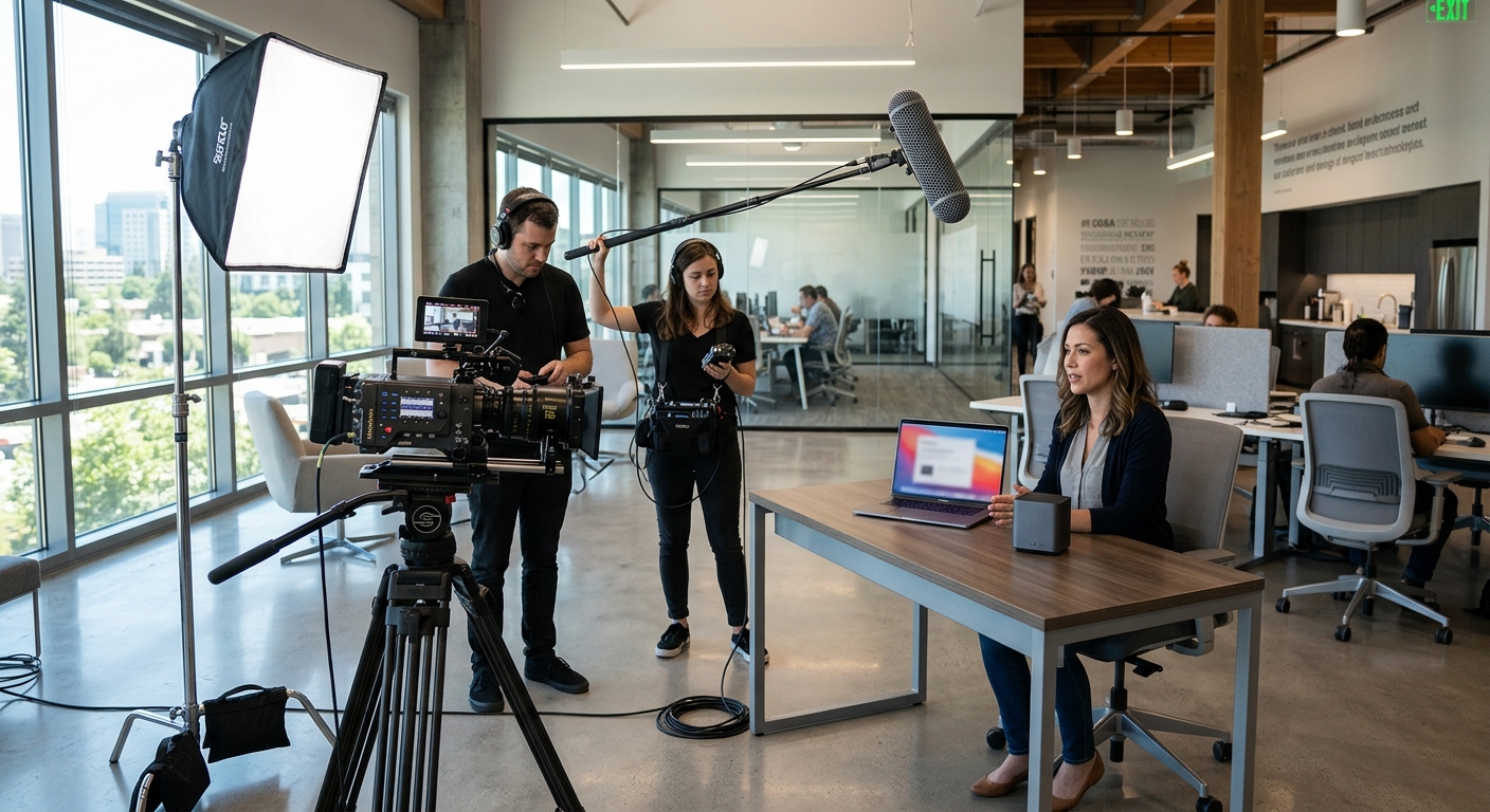 Video crew shooting a product demo video of a laptop and device in a modern office