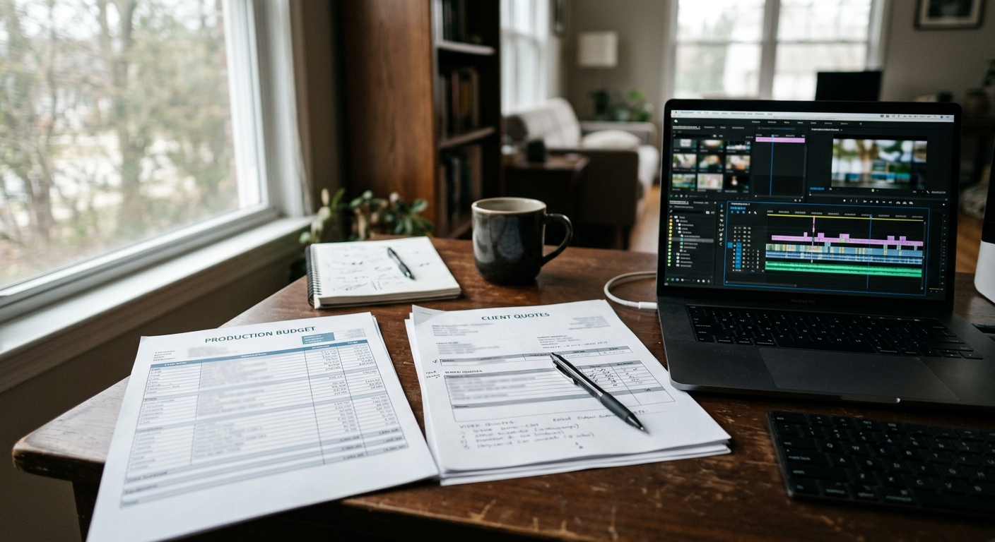 Producer comparing product video cost quotes and a production budget spreadsheet Producer comparing product video cost quotes and a production budget spreadsheet