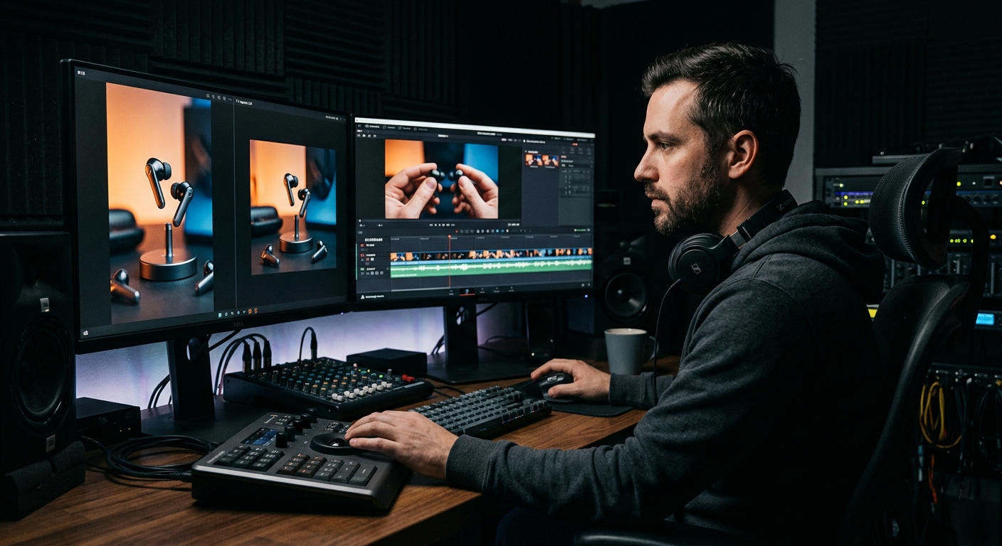 Video editor reviewing multiple deliverable formats of a product video in post-production Video editor reviewing multiple deliverable formats of a product video in post-production