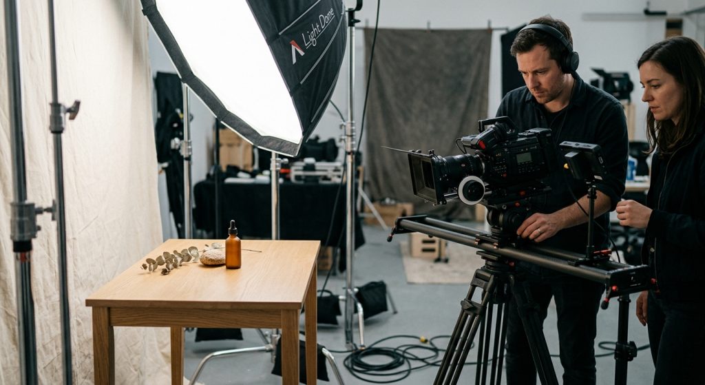 Video production crew filming a product video with studio lighting and a camera slider