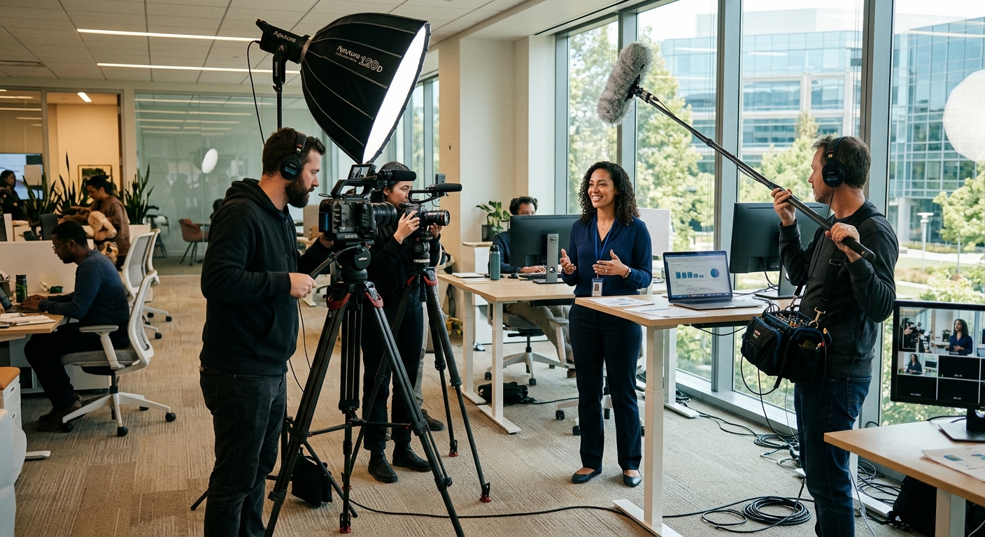 Video crew filming an employee for a recruitment video in a modern San Jose office