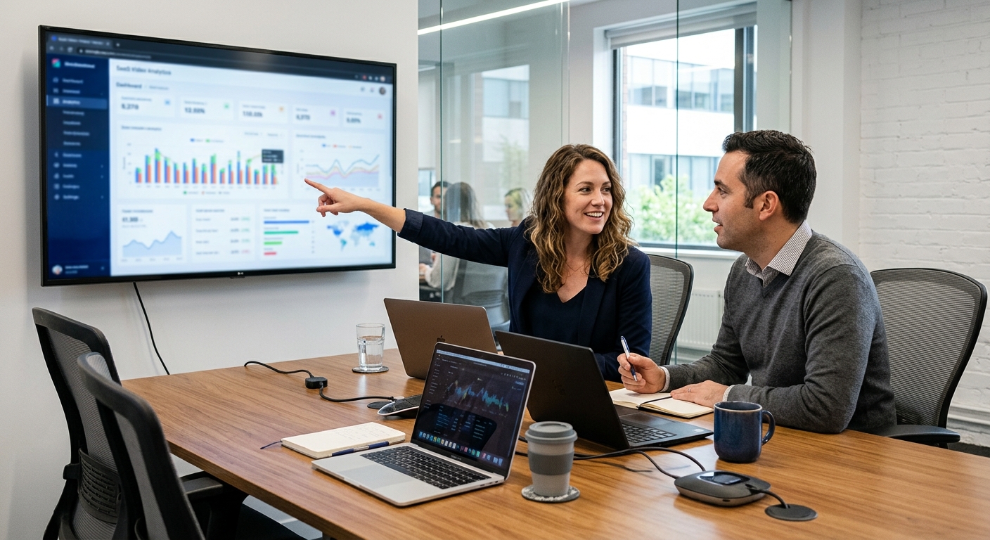 Marketing team reviewing SaaS video marketing performance metrics on a dashboard Marketing team reviewing SaaS video marketing performance metrics on a dashboard