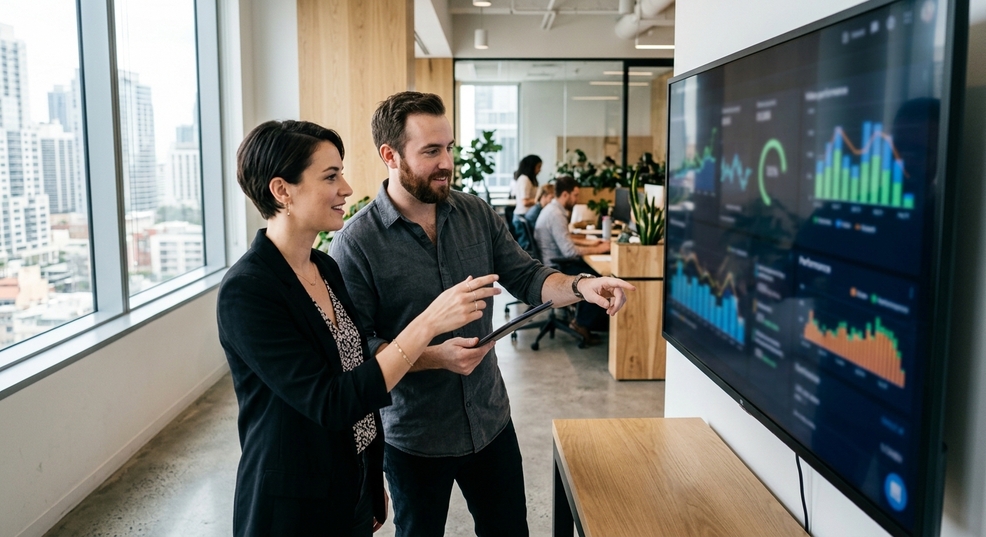 Marketing team reviewing short form video strategy performance metrics and KPIs together in an office Marketing team reviewing short form video strategy performance metrics and KPIs together in an office