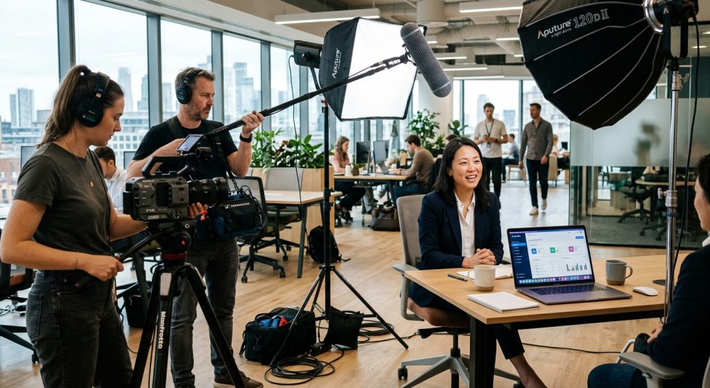 Video production crew filming a SaaS product demo video with a founder in a modern tech office