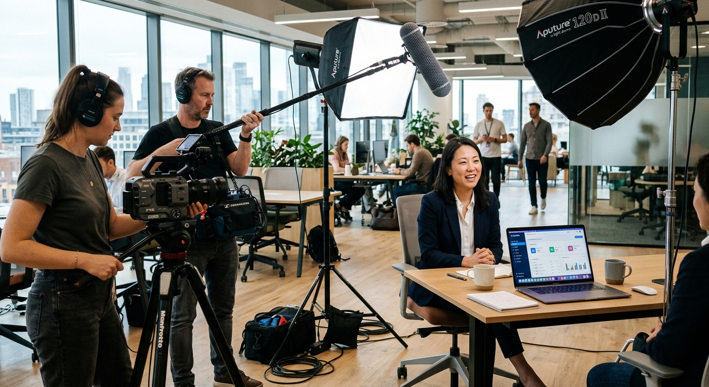 Video production crew filming a SaaS product demo video with a founder in a modern tech office