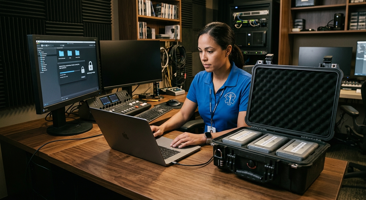 Editor securely storing encrypted patient video footage after a HIPAA compliant healthcare video production shoot Editor securely storing encrypted patient video footage after a HIPAA compliant healthcare video production shoot