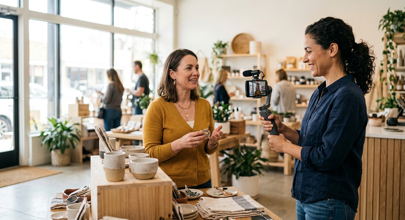 Video producer filming a short form video strategy shoot with a small business owner on a smartphone gimbal