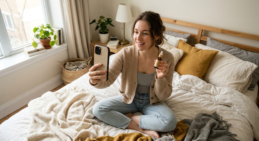 Creator filming a casual UGC video ad on a smartphone in natural light