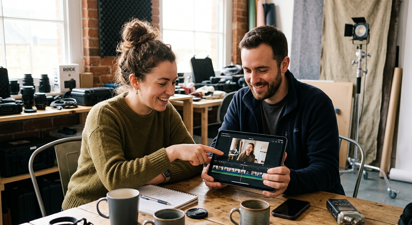 Producer and creator reviewing UGC video ad footage together in studio Producer and creator reviewing UGC video ad footage together in studio