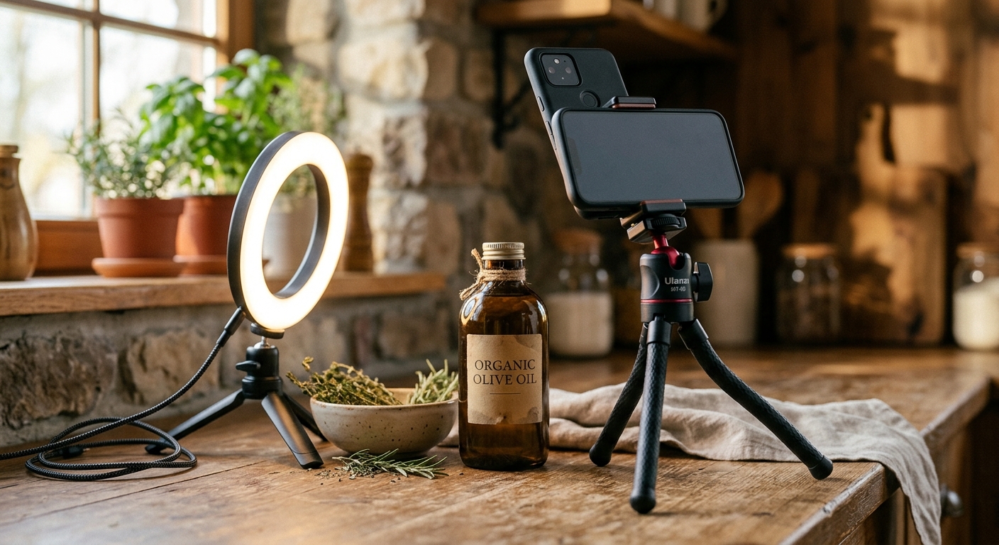 Smartphone and ring light setup for shooting a UGC video ad demonstration Smartphone and ring light setup for shooting a UGC video ad demonstration