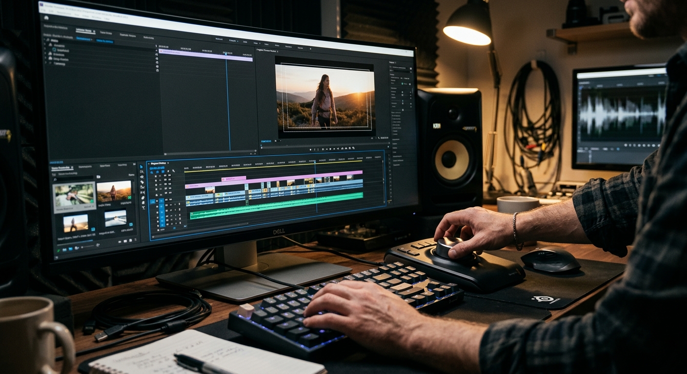 Video editor reviewing safe-zone framing and sound levels on a CTV commercial in post-production Video editor reviewing safe-zone framing and sound levels on a CTV commercial in post-production