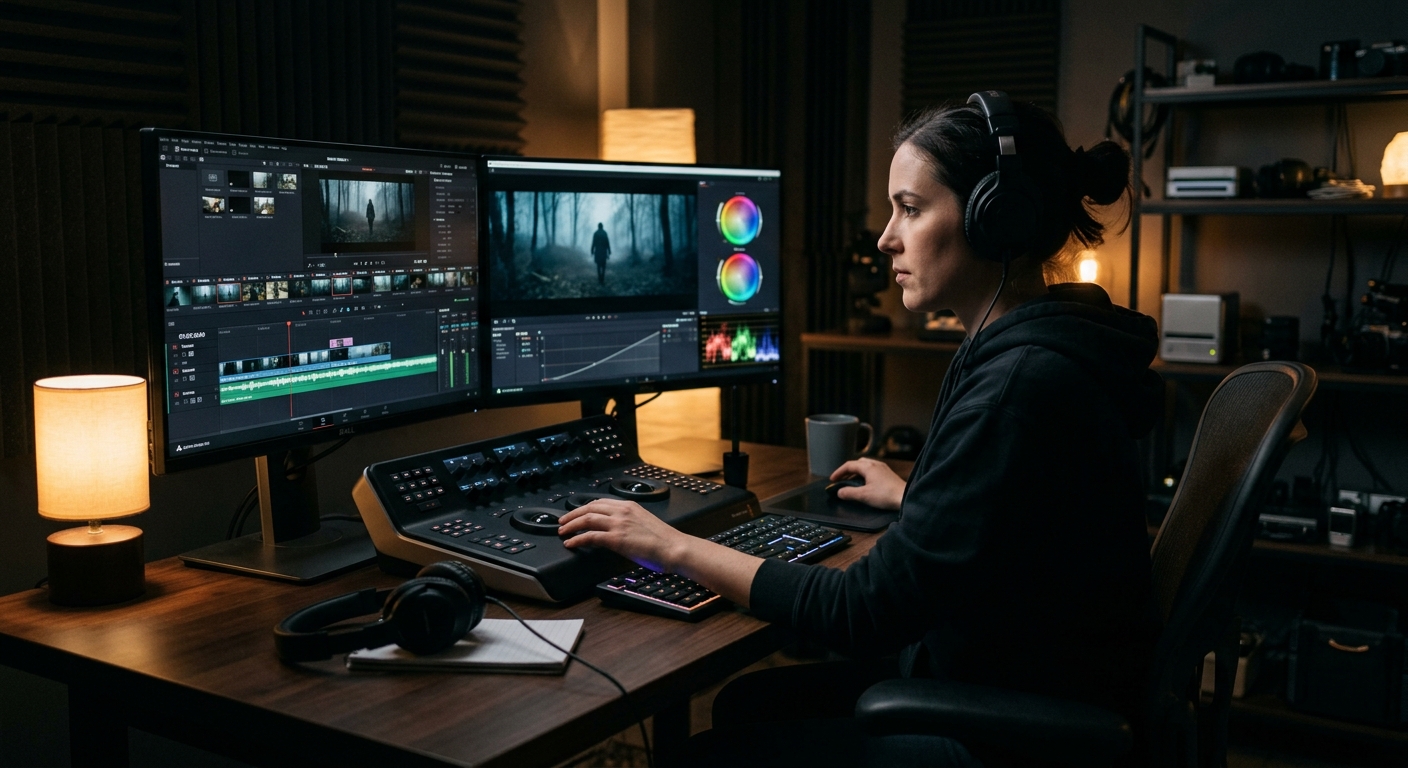 Video editor working on color grading and post-production editing timeline for a corporate video project Video editor working on color grading and post-production editing timeline for a corporate video project