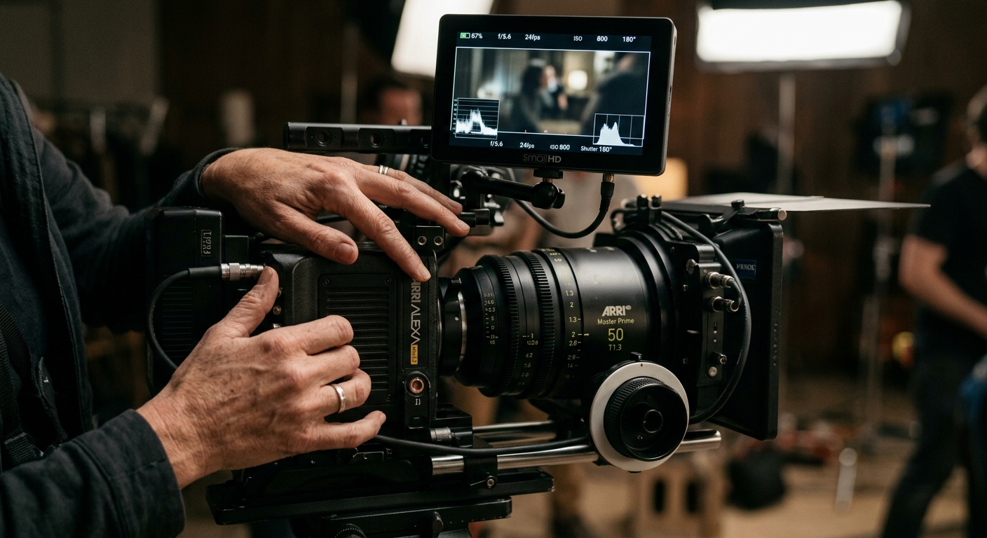 Director of photography adjusting a professional cinema camera during a video production shoot Director of photography adjusting a professional cinema camera during a video production shoot