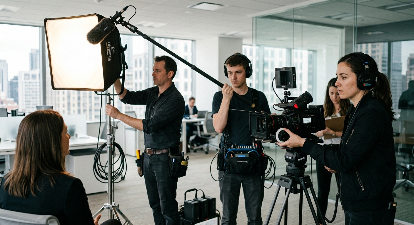 Professional video production crew filming a corporate video shoot with camera, lighting, and sound equipment