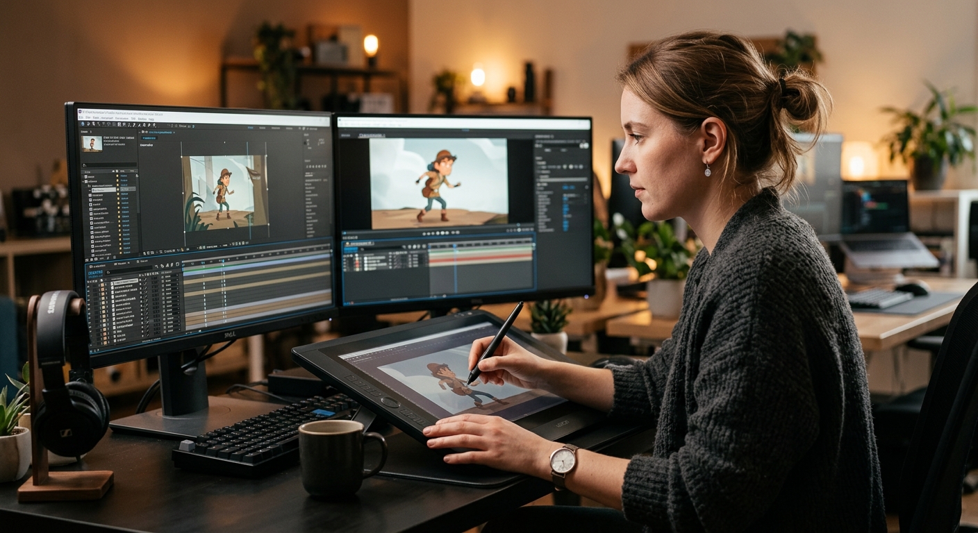 Animator working on a 2D animated explainer video timeline Animator working on a 2D animated explainer video timeline