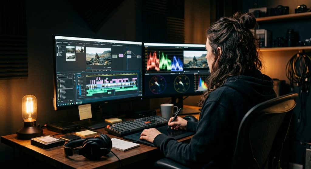 Video editor reviewing the best video export settings on a dual-monitor edit suite
