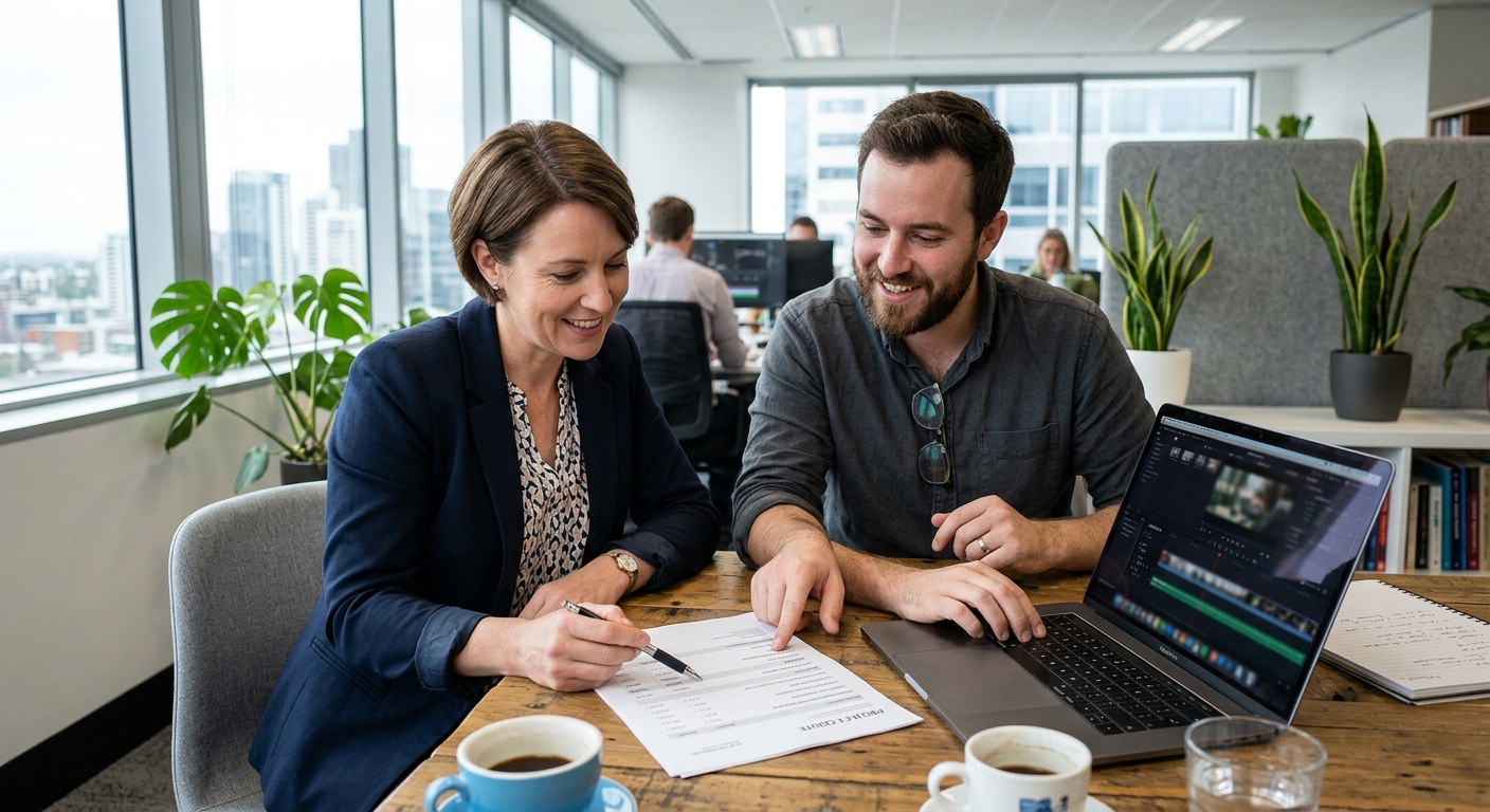 Business owner and producer comparing an itemized explainer video quote Business owner and producer comparing an itemized explainer video quote